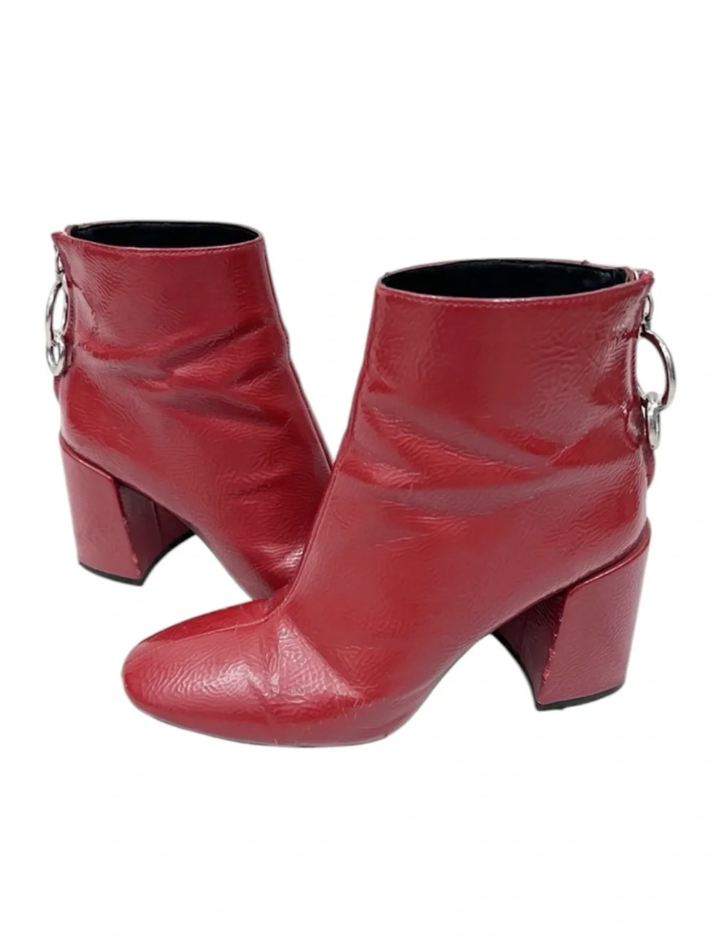 Zara Bloggers Favorite Retro Red Crinkled Patent Leather Block Heel Ankle Boots